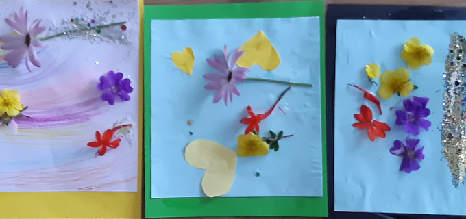 Picture of artwork using flowers, paper, crayon and glitter by children at Starting Point Preschool Carrigaline